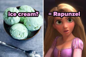 Left: bowl of scooped ice cream; Right: Rapunzel from Tangled with a puzzled expression