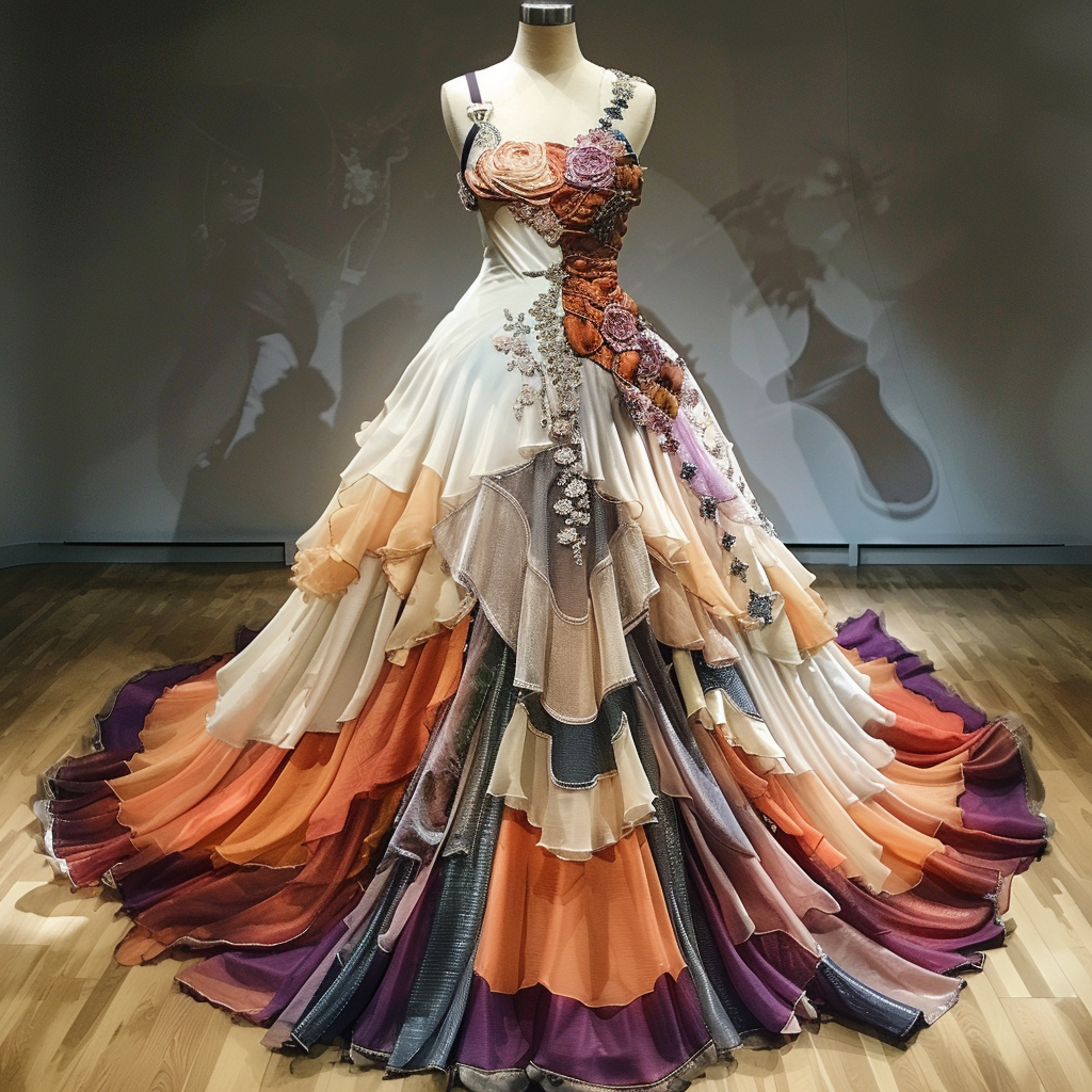 Mannequin displaying an extravagant gown with layered skirt and floral details