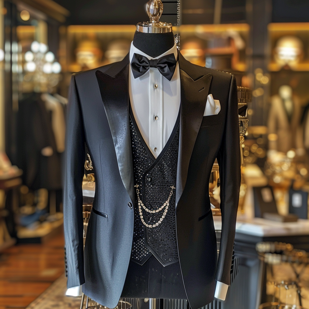 Formal black tuxedo with bow tie and sequined vest on a mannequin