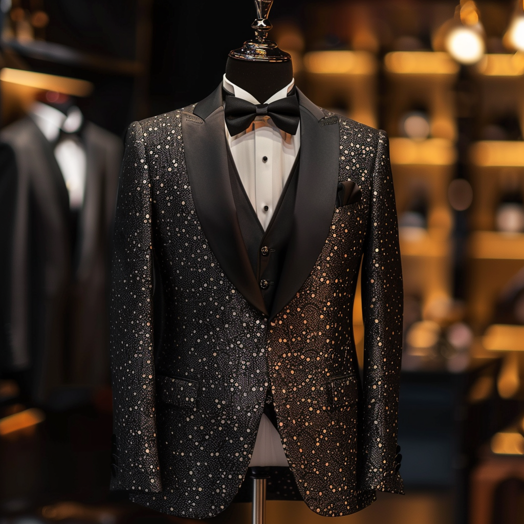 Mannequin displaying a formal black tuxedo with patterned detailing, bow tie, and lapel pin