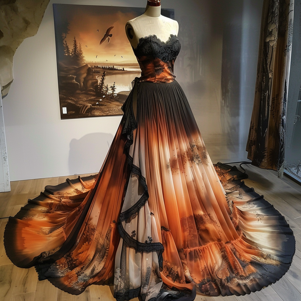 Elegant gown with a sunset landscape print extending from the waist to the full skirt