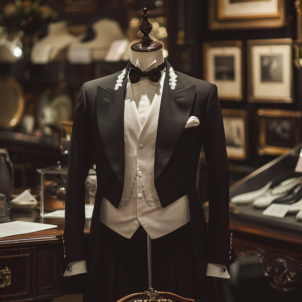 Mannequin displaying a formal tuxedo with bow tie and lapel pin in a boutique setting