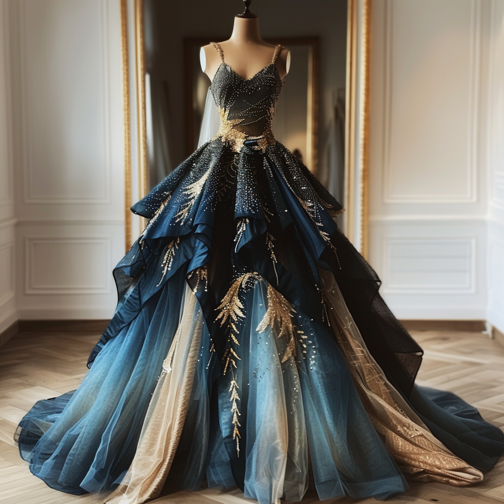 Mannequin displaying a luxurious gown with layered skirt and beaded bodice
