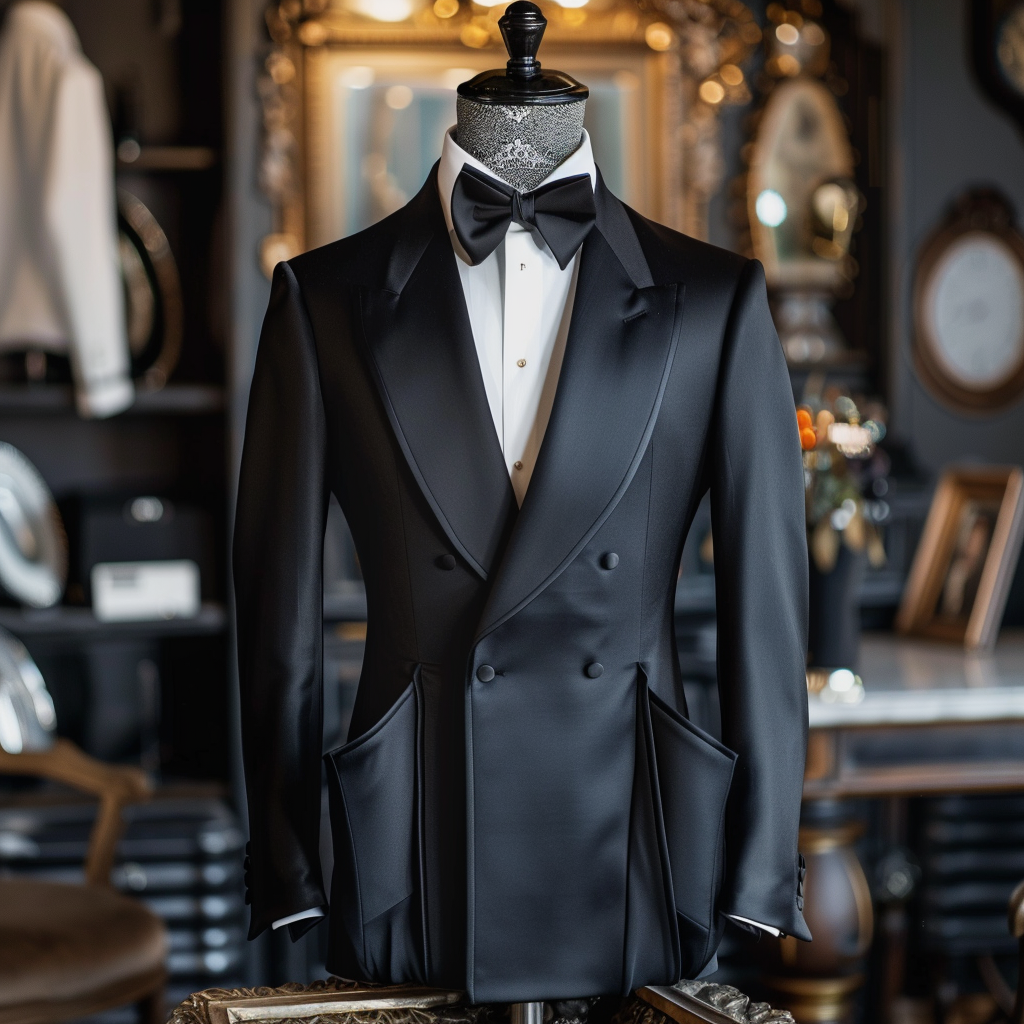 Mannequin displaying a black tuxedo with a bow tie and formal dress shirt