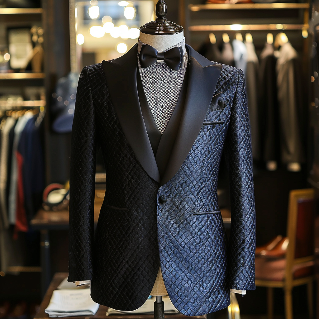Mannequin displaying a textured suit with bow tie in a boutique