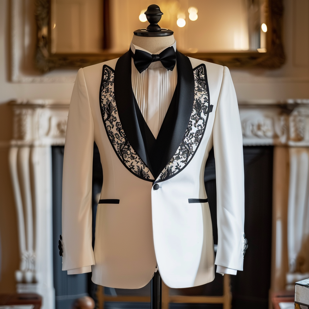 Mannequin displaying a tuxedo with black lapels featuring floral pattern, bow tie, in an elegant interior