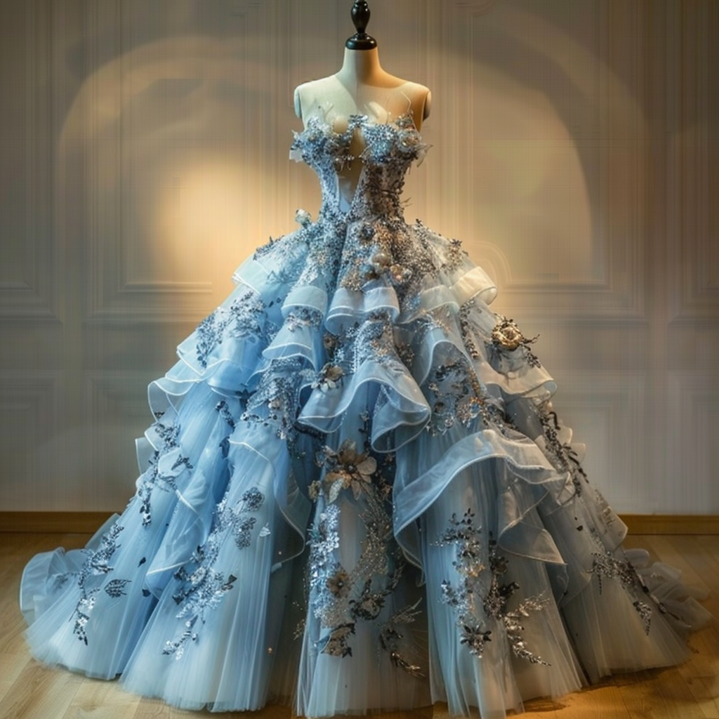 Mannequin displaying an ornate blue ball gown with layered ruffles and floral appliques