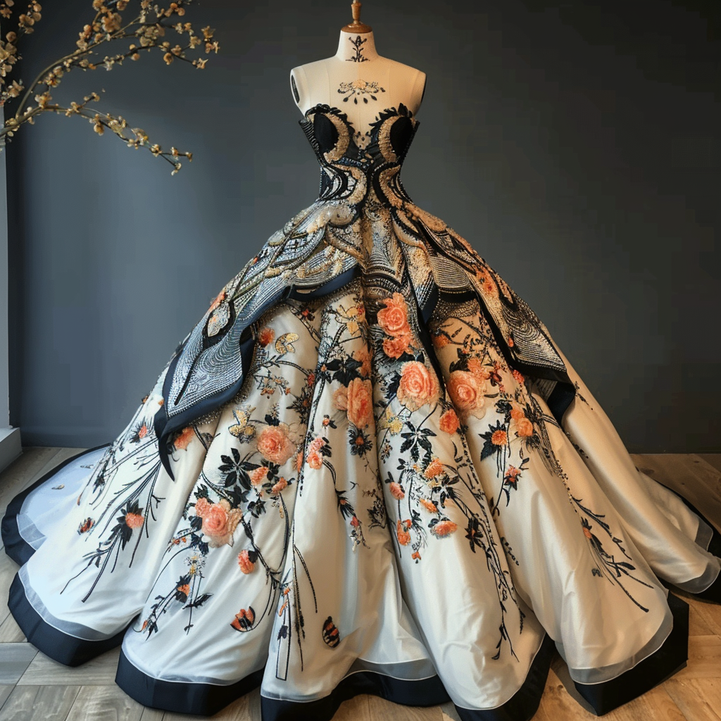 Embroidered ball gown with floral and beadwork design displayed on mannequin