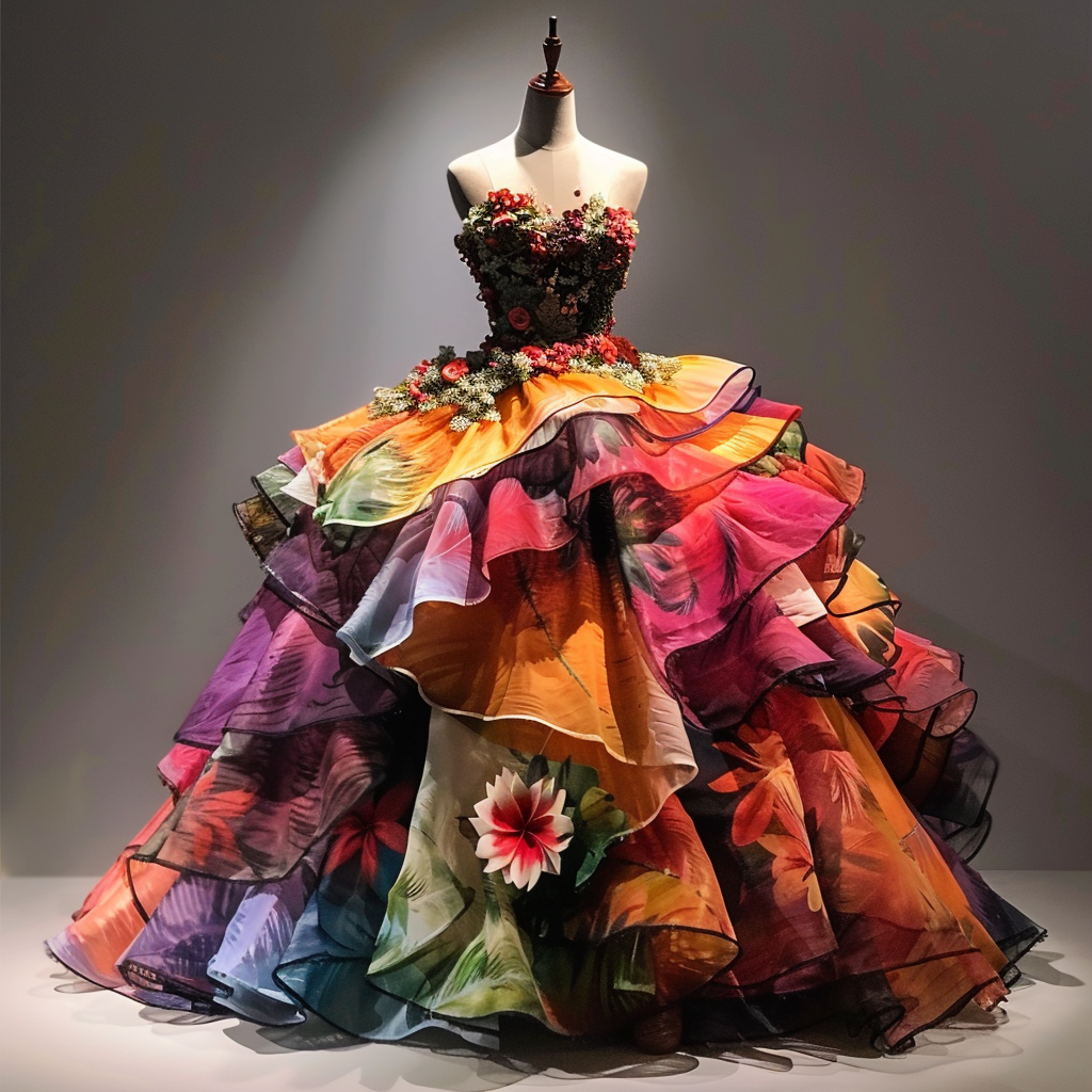 Mannequin displaying a flamboyant gown with layers and floral pattern