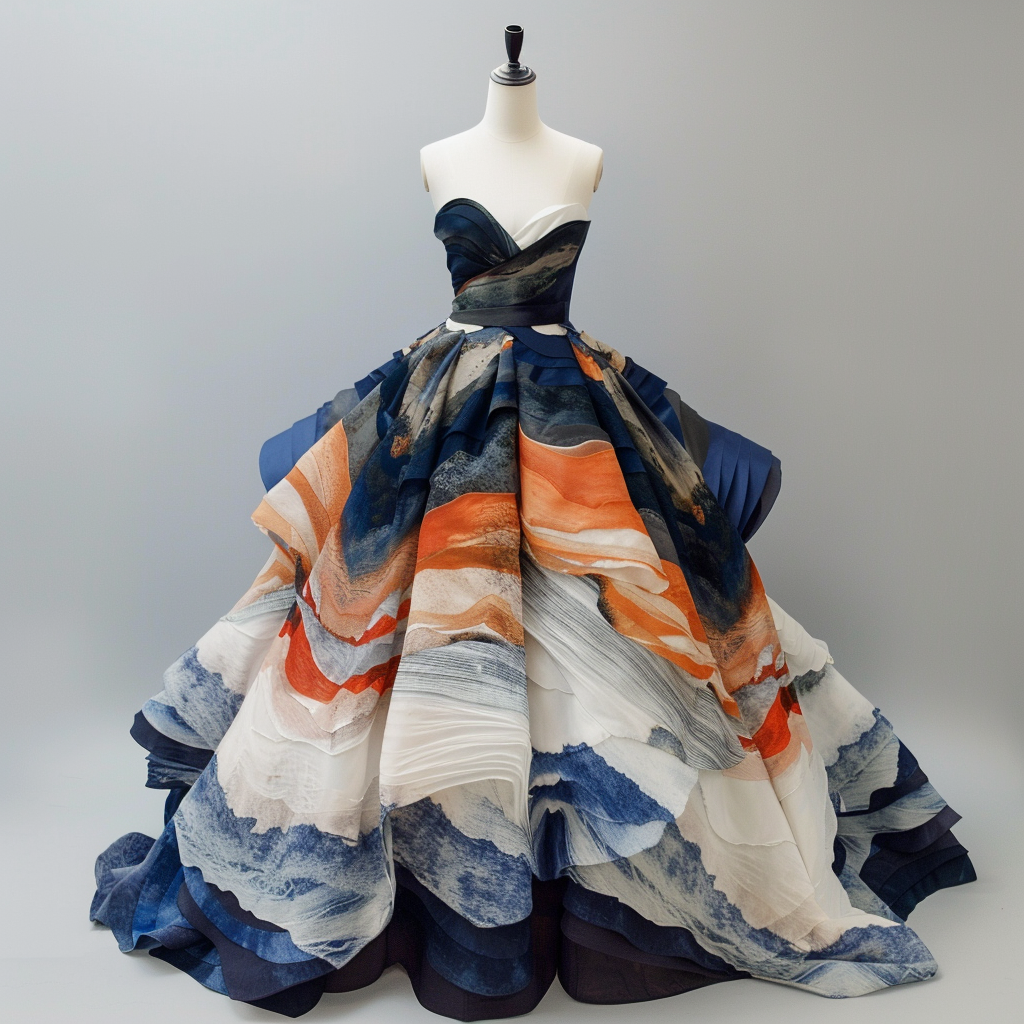 Ball gown with abstract print and voluminous skirt on mannequin