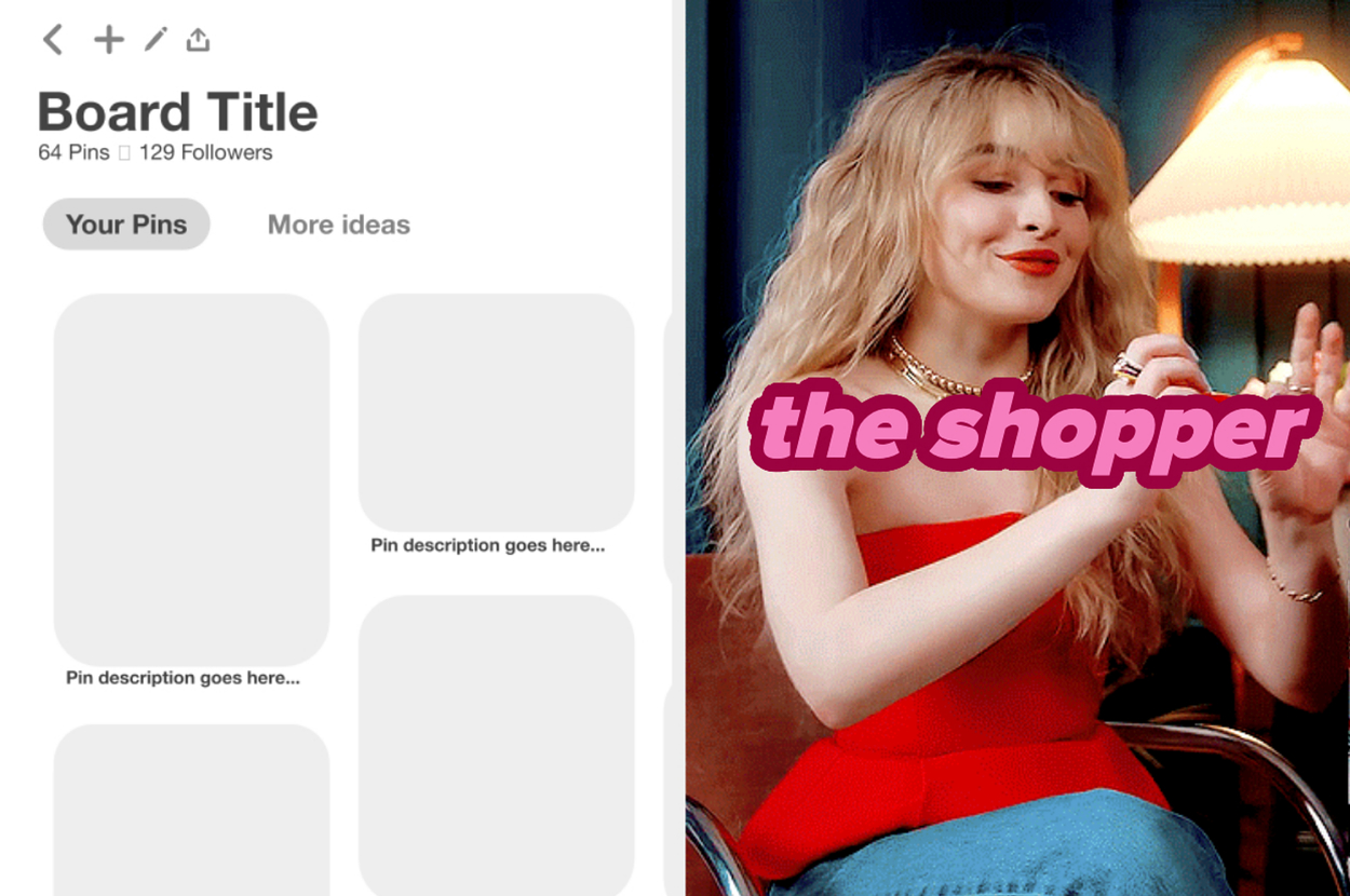 Woman sitting, smiling, with text overlay "theShopper." App interface with 'Board Title' and pin placeholders