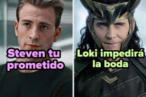 Imagen dividida de dos personajes: a la izquierda, Capitán América (Chris Evans); a la derecha, Loki. Texto sobre drama ficticio de boda