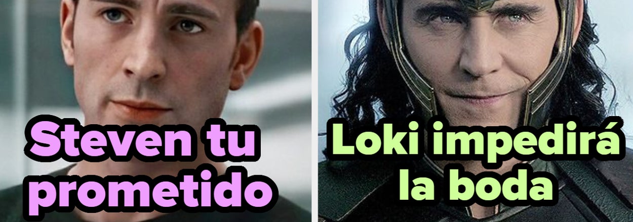 Imagen dividida de dos personajes: a la izquierda, Capitán América (Chris Evans); a la derecha, Loki. Texto sobre drama ficticio de boda