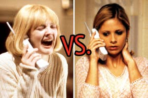 On the left, Drew Barrymore screaming as she holds a phone to her ear as Casey in Scream, and on the right, Sarah Michelle Gellar holding a phone to her ear as Cici in Scream 2 with versus typed in the middle