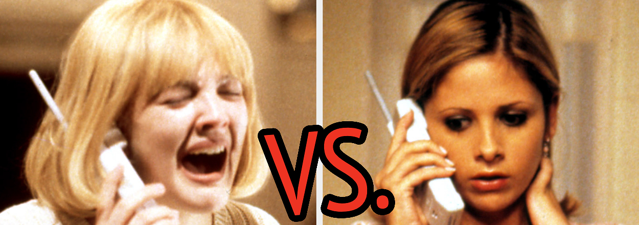 On the left, Drew Barrymore screaming as she holds a phone to her ear as Casey in Scream, and on the right, Sarah Michelle Gellar holding a phone to her ear as Cici in Scream 2 with versus typed in the middle