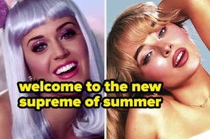 Katy Perry with a lavender wig, smiling; text says "welcome to the new supreme of summer." Left image juxtaposed with other singer