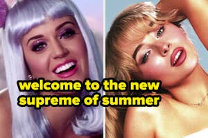 凯蒂·佩里戴着淡紫色假发，微笑着；文字上写着“欢迎来到夏天的新巅峰”。左边的图片与其他歌手并列