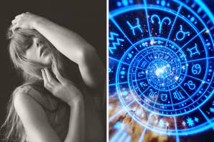 Person posing with hand in hair, next to an image of astrological signs