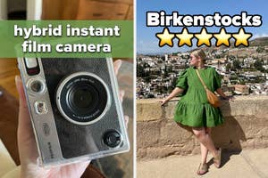 left: Close-up of a hybrid instant film camera. Right: Woman in a green dress and sandals poses with a view of houses behind