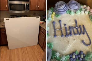 A dishwasher blends into a kitchen's cabinetry next to a cake with "Happy" misspelled as "Hindy" in icing