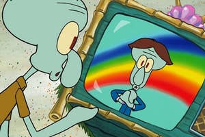 Squidward from SpongeBob SquarePants looking unimpressed at a TV showing an animated character