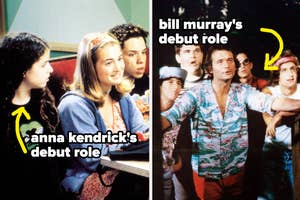 Split image: Left-side shows Anna Kendrick in her debut role. Right-side displays Bill Murray in his debut, both in casual attire