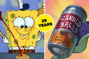 SpongeBob SquarePants celebrating 25 years next to a can of 'canned bread' from the show