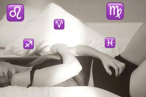 Woman lying in bed with astrological symbols overlaid