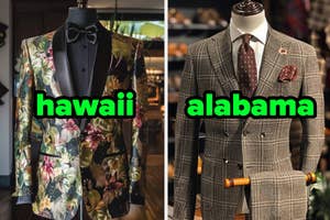 Two mannequins in suits, one with a floral design labeled Hawaii, the other in plaid labeled Alabama