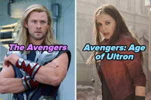 On the left, Thor in The Avengers, and on the right, Wanda Maximoff in Avengers Age of Ultron
