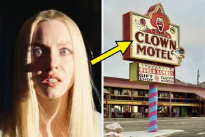 Split image with a woman looking scared on the left and the Clown Motel sign on the right