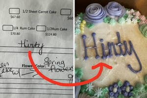 A cake order form with handwritten notes beside a finished cake with "Happy" misspelled as "Hiddy."