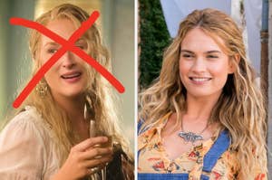 On the left, Meryl Streep as Donna in Mamma Mia with an x drawn over her face, and on the right, Lily James as young Donna in Mamma Mia Here We Go Again