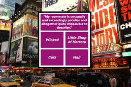 Broadway billboards with overlaid picture saying "My roommate is unusually and exceedingly peculiar and altogether quite impossible to describe."