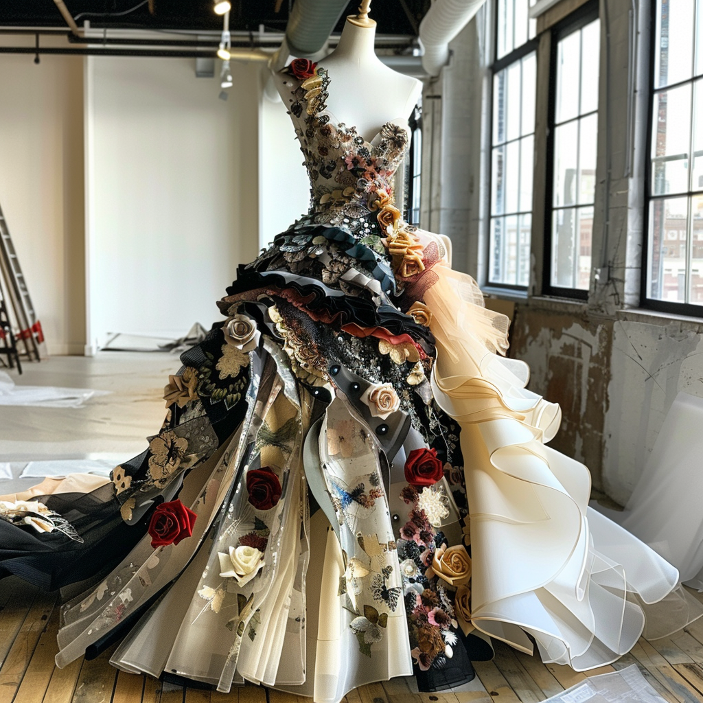 Elaborate gown with floral appliques and mixed fabrics displayed in a room
