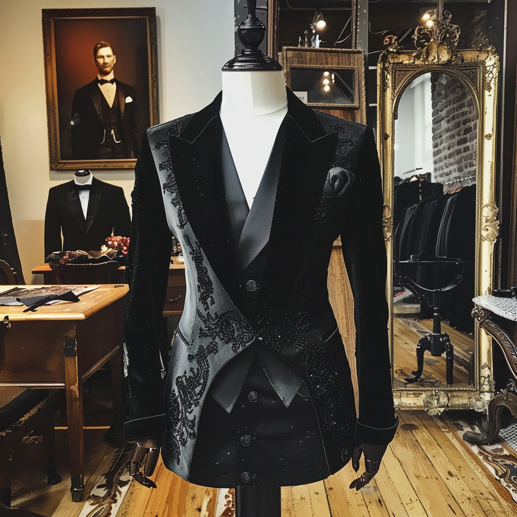 Mannequin displaying an ornate black tuxedo with lace detailing in a boutique