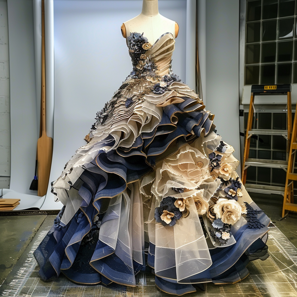 Elaborate gown with ruffled layers and floral appliqués on a mannequin, displayed in a workshop setting