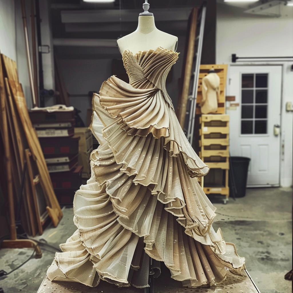 Elegant pleated gown with layered ruffles on a mannequin in a design studio