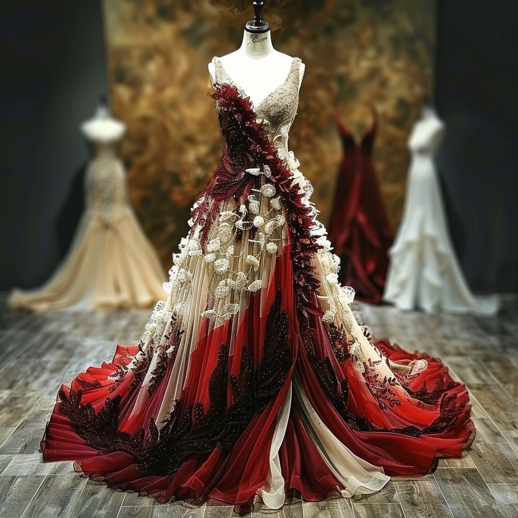 Mannequin displaying an elaborate gown with textured layers and sparkly embellishments