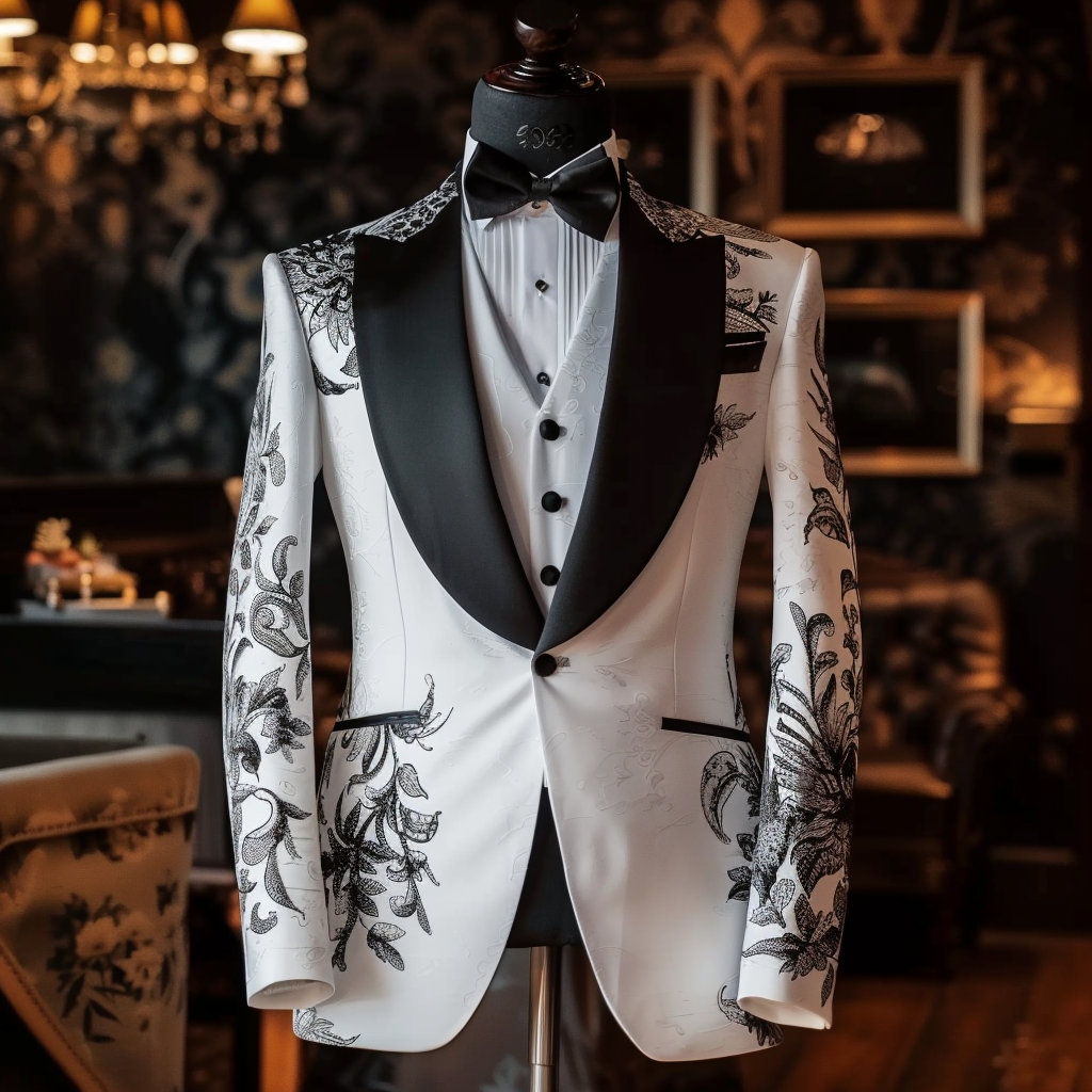 Elegant tuxedo with black lapels and intricate floral patterns, displayed in a luxurious room setting