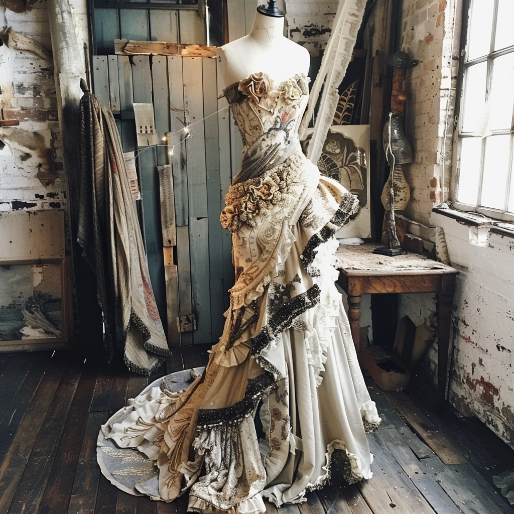 Ornate vintage-style dress with intricate details on a mannequin in a rustic setting