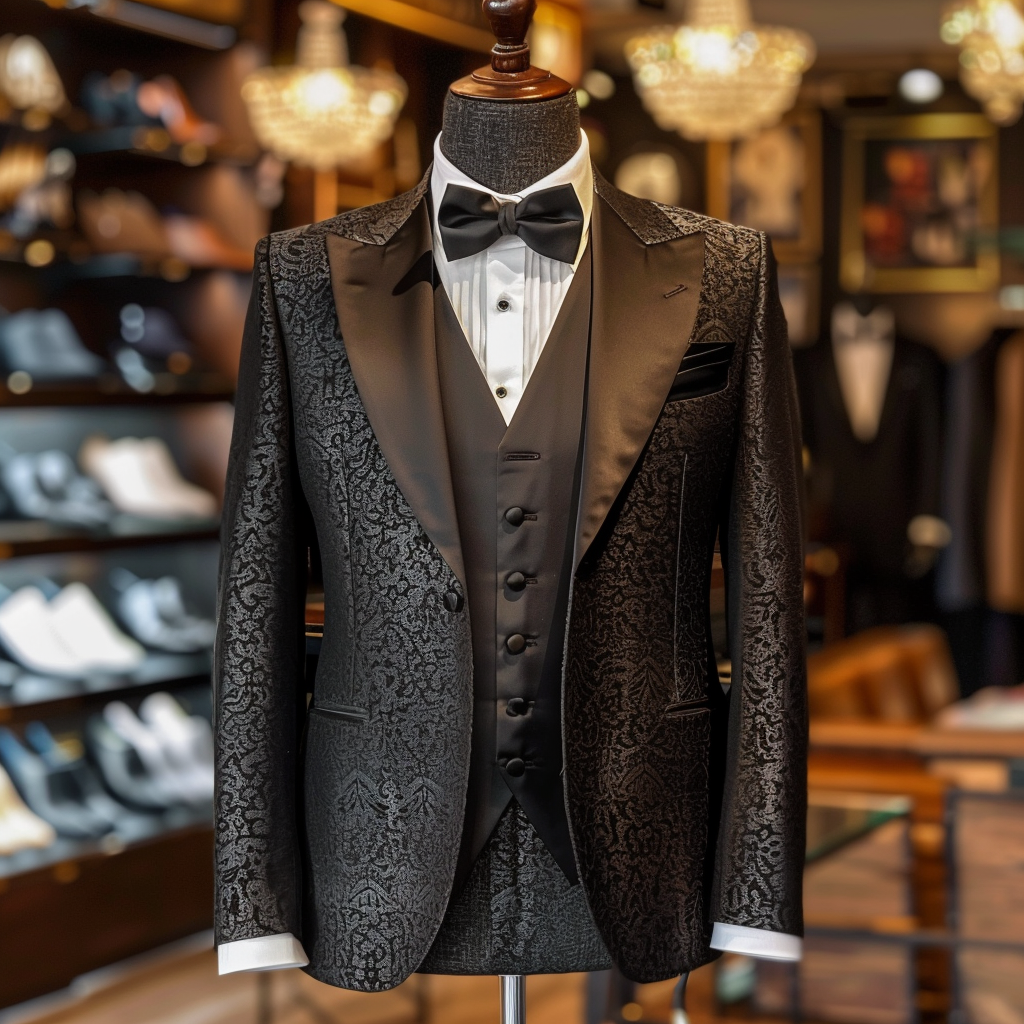 Mannequin displaying a black, patterned tuxedo with a bow tie and vest in a clothing store
