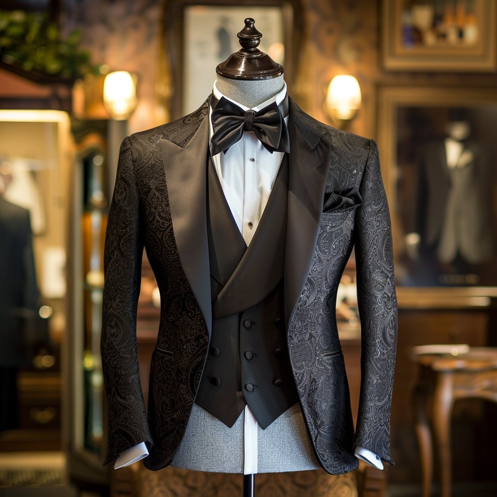Mannequin displaying an elegant tuxedo with paisley patterns and a bow tie