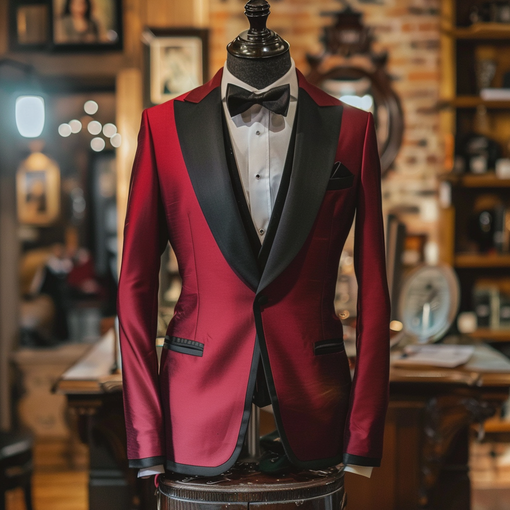 Mannequin displaying a red and black tuxedo with a bow tie in a boutique