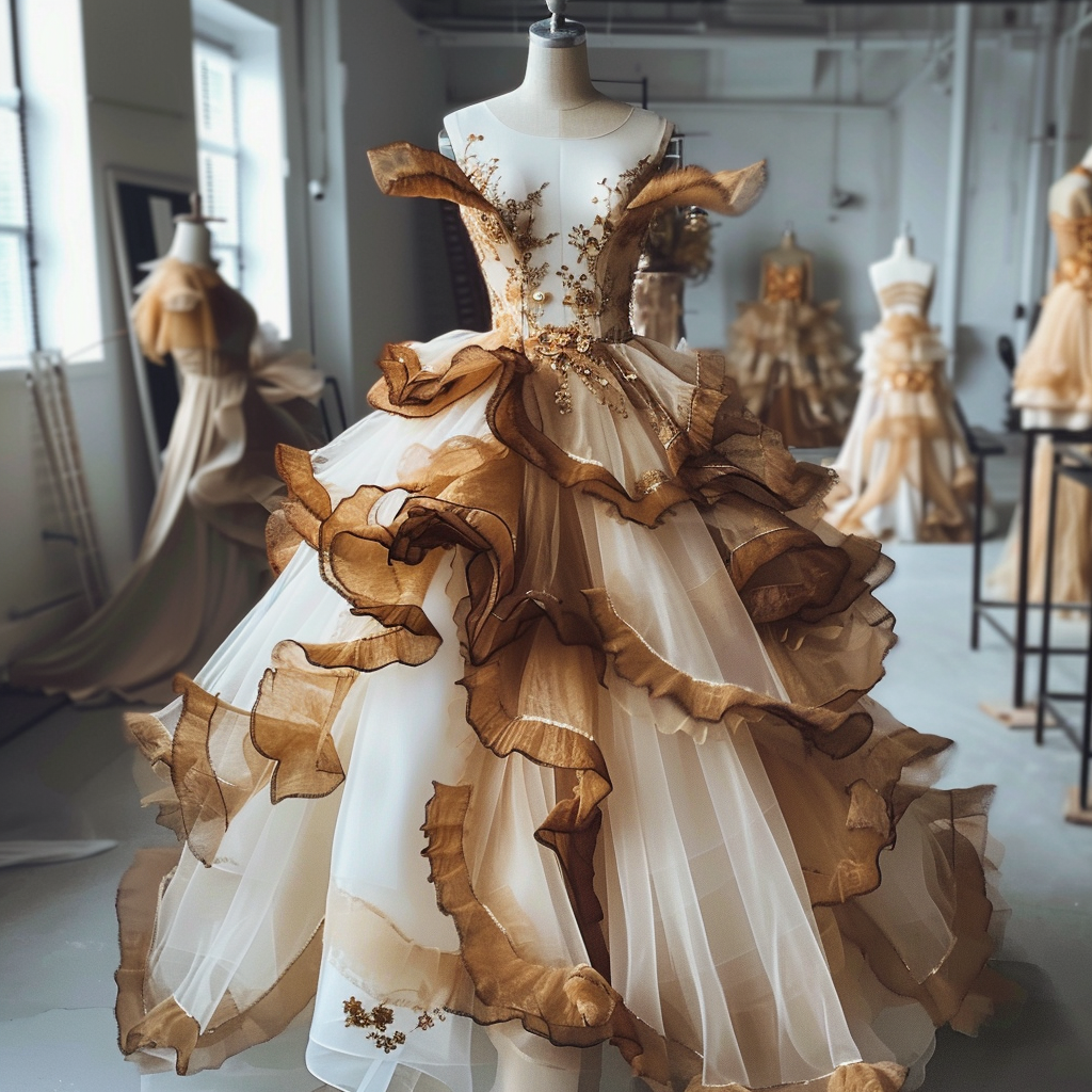 Elegant gown with layered ruffles and embellishments on a mannequin, in a studio with other dresses in background