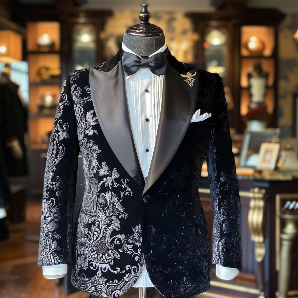 Mannequin displaying a formal suit with intricate embroidery in a shop setting