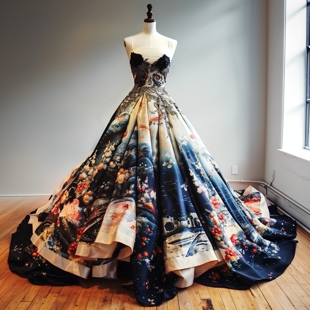 Elegant ball gown with a detailed bodice and a floral print on the skirt displayed on a mannequin