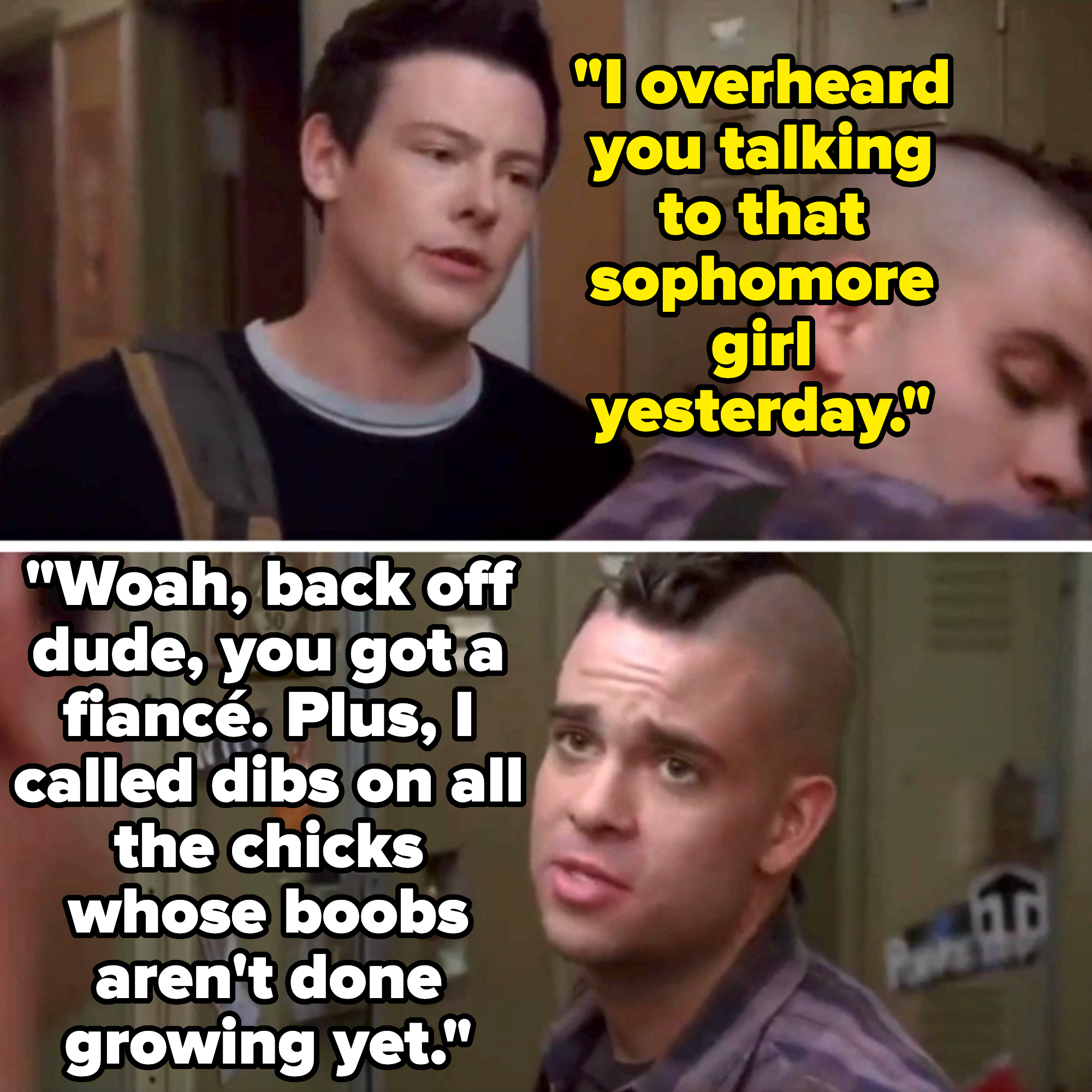 Kurt from Glee talking to Puck in a school hallway by the lockers
