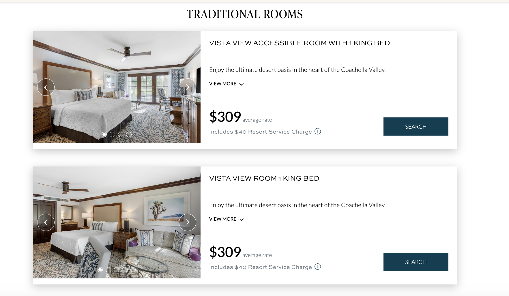 Hotel room interiors with one king bed, prices listed, and a search button for bookings, indicating options for travelers