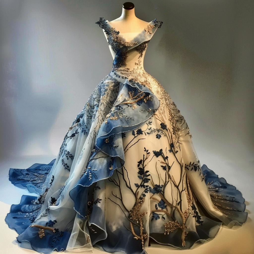 Elegant gown with intricate blue floral embroidery and full ruffled skirt displayed on a mannequin